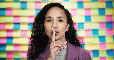 Buy stock photo Secret, memo and portrait of business woman in studio for privacy policy, copyright patent and reminder. Security breach, confidential information and sticky note scrum with person on background