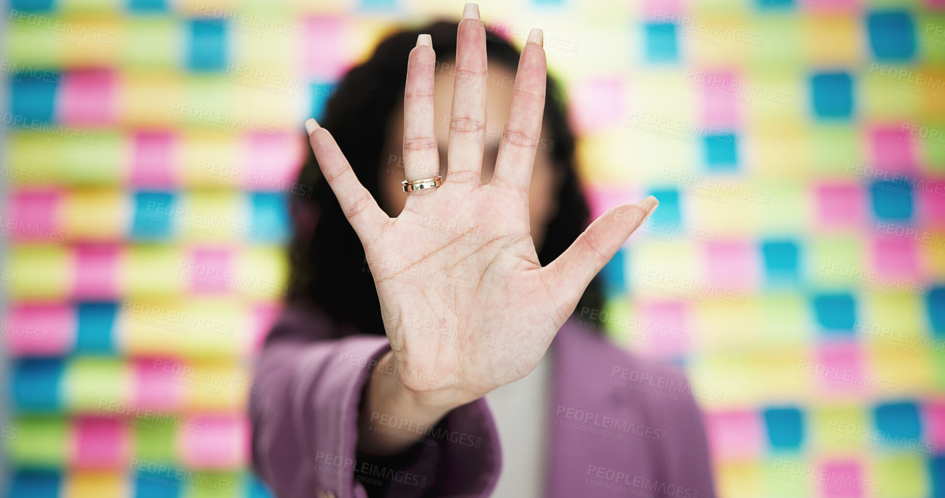 Buy stock photo Woman, hand and stop with rejection on colorful background for no, refusal or objection in studio. Closeup, female person or warning with gesture or prohibition for denial, decline or protection