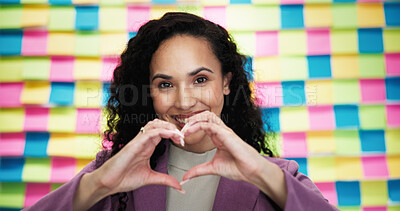 Buy stock photo Woman, portrait and heart hands in office for business, agenda and career passion with creativity. Designer, love emoji and smile at sticky notes for timeline, job development and pride in company