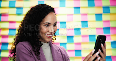 Buy stock photo Business woman, phone and happy with sticky notes in office, reading or notification with problem solving. Person, smile and smartphone by wall, board and contact with app for deal at creative agency