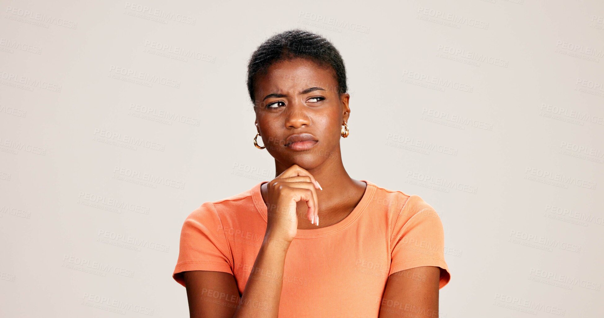 Buy stock photo Black woman, confused or thinking in studio for fashion, decision or education offer at mockup space. Design student, idea or stress on white background for casual style, scholarship choice or doubt