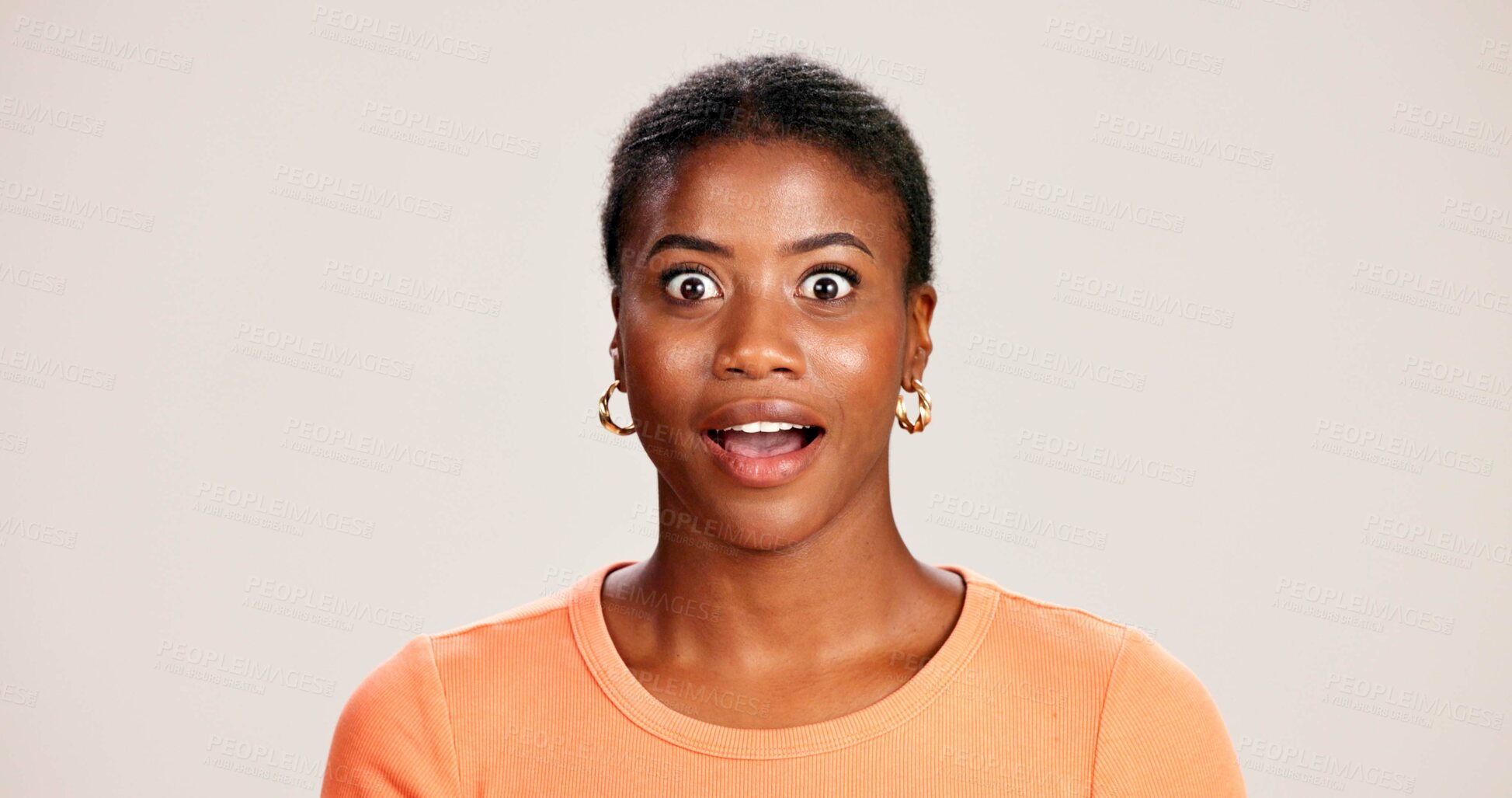 Buy stock photo Smile, wow and portrait of black woman with secret, gossip and rumor on white background. Shock, happiness or excited African girl with expression of surprise, amazed and good news isolated in studio