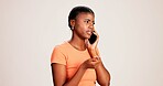 Black woman, phone call and confused with thinking in studio, talking and stress in grey background. Girl, person and smartphone for chat, spam and conversation with conflict on mobile network