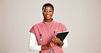 Black woman, portrait or doctor with tablet or smile for healthcare service or nursing on a white studio background. African, female person or nurse with technology for health appointment or schedule