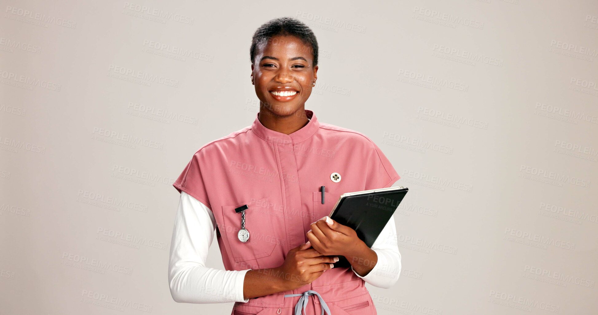 Buy stock photo Black woman, portrait or doctor with tablet or smile for healthcare service or nursing on a white studio background. African female person or nurse with technology for health appointment or schedule