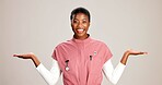 Happy, black woman or doctor with hand out in studio for option, choice or healthcare service on a white background. Portrait, African or female person with palm for nursing selection on mockup space