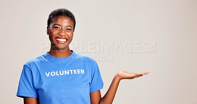 Buy stock photo Black woman, portrait or volunteer with hand out in studio for charity or community service on a white background. African, female person or NGO with palm for advertising or awareness on mockup space