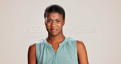 Buy stock photo Black woman, portrait and expression in studio for gross, disapproval and reaction to smell. Girl, frustrated and disgust on white background space for bad odor, nausea cringe and overwhelming scent