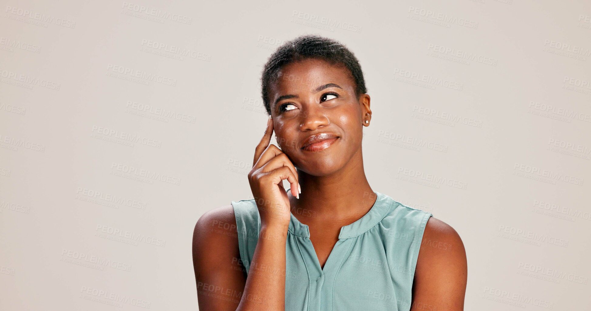 Buy stock photo Black woman, happy or thinking in studio for fashion, decision or education offer at mockup space. Design student, idea or choice on white background for casual style, scholarship deal or question