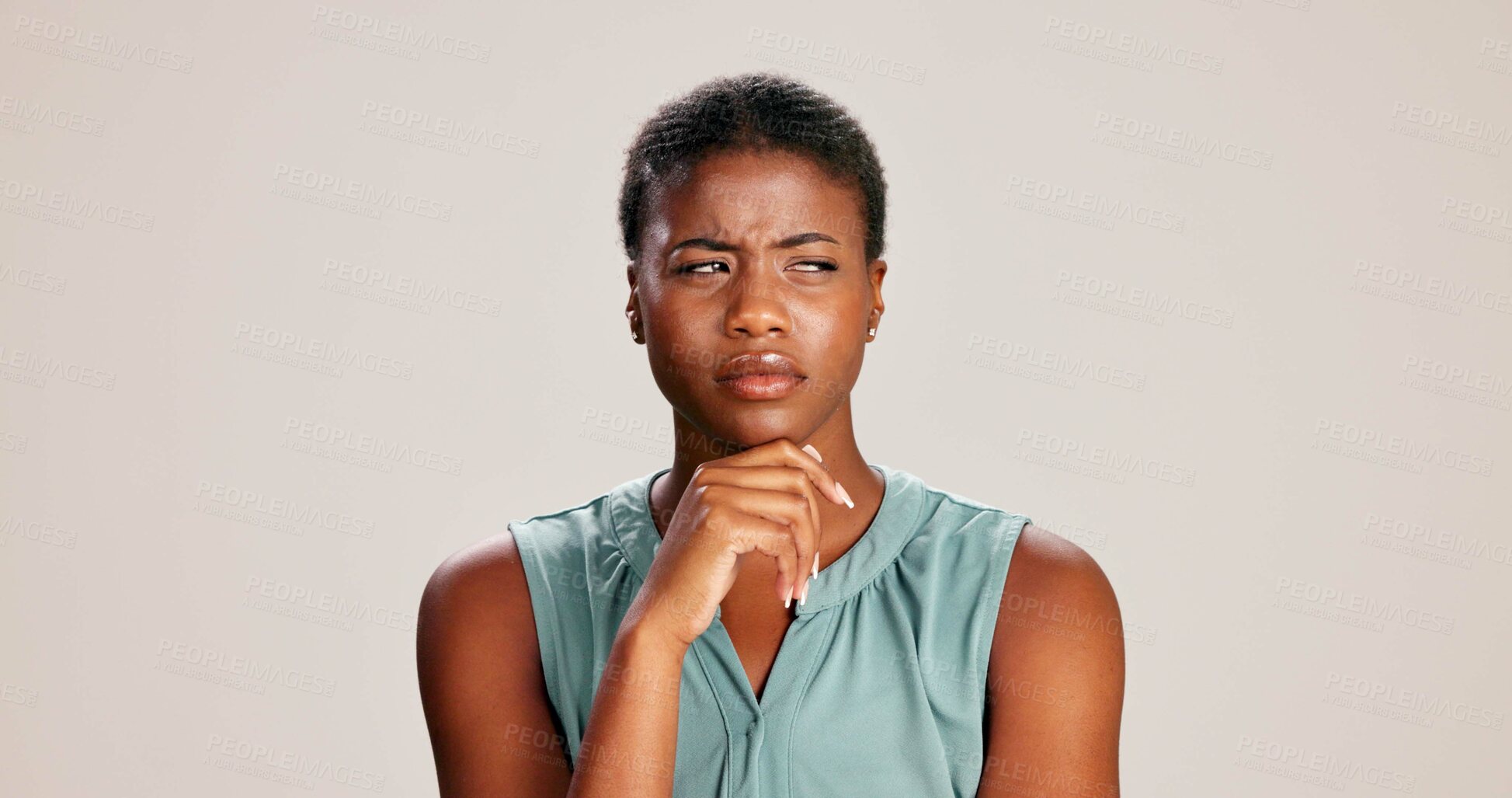 Buy stock photo Black woman, doubt or thinking in studio for fashion, decision or education scam at mockup space. Design academic, suspicious or choice on white background for casual style, scholarship deal or query