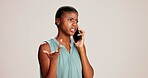 Black woman, phone call and confused with frustrated, stress and talking on grey background. Girl, business person and smartphone for chat, discussion and conversation with conflict on mobile network