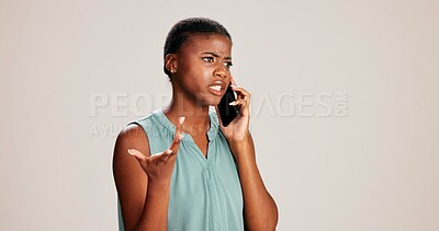 Buy stock photo Black woman, phone call or confused with frustrated, stress and talking on white background. Girl, business person and smartphone for scam, phishing and internet fraud with conflict on mobile network