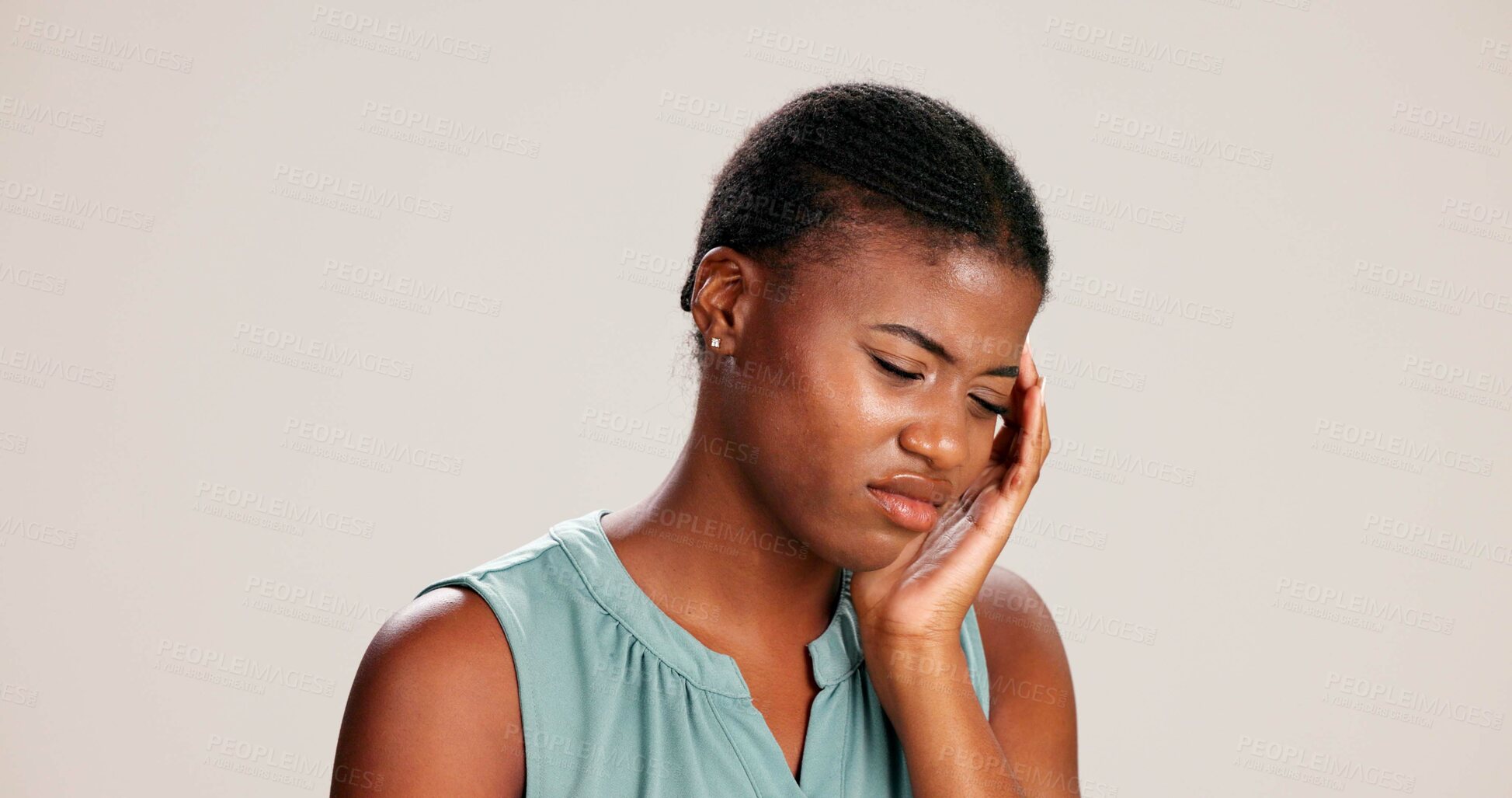 Buy stock photo Stress, headache and tired with black woman in studio for brain fog, vision fatigue and pain. Vertigo, anxiety and frustrated with person on white background for tension, pressure and migraine