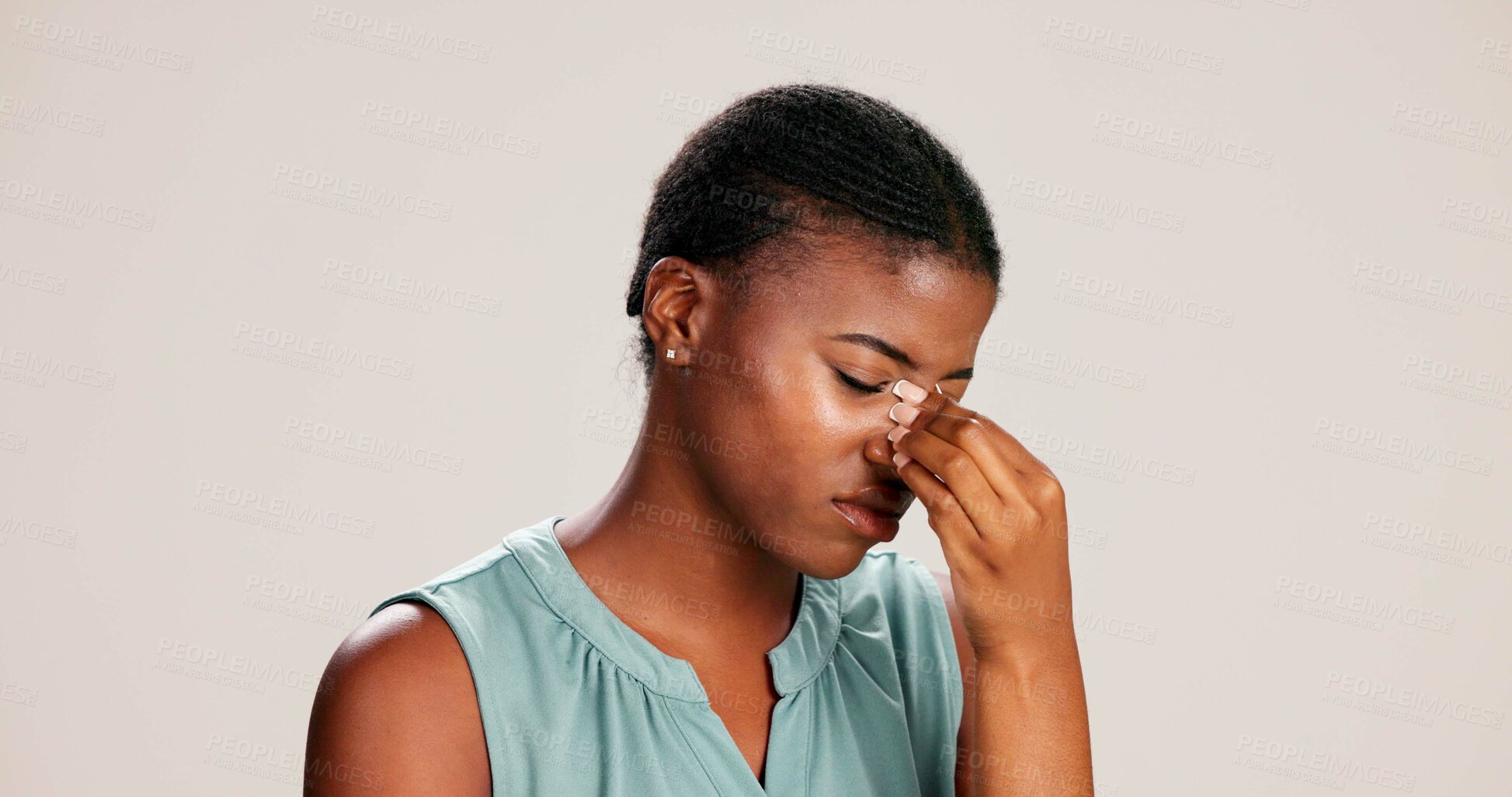 Buy stock photo Stress, headache and pain with black woman in studio for brain fog, fatigue and tired. Vertigo, anxiety and frustrated with person on white background for tension, burnout pressure and migraine