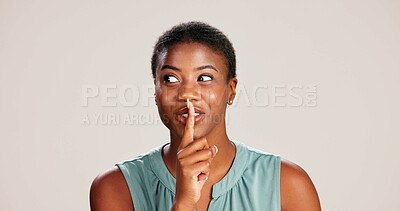 Buy stock photo Secret, quiet and woman with finger on lips for surprise announcement, confidential information and privacy. Mockup, black person and hush gesture on studio background for gossip, whisper or thinking