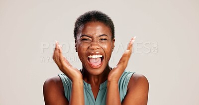 Buy stock photo Excited, scream and success with portrait of black woman in studio for celebration, announcement and good news. Discount deal, happiness and mockup space with person on white background for wow emoji