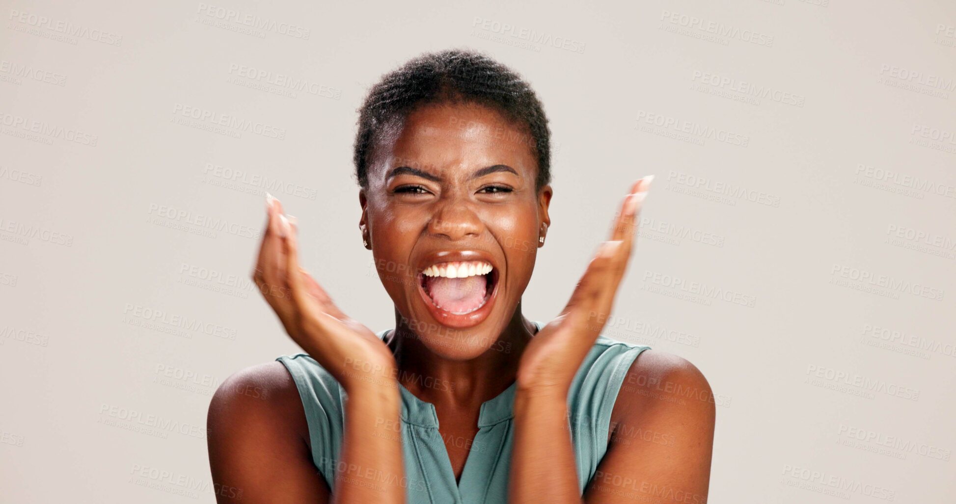 Buy stock photo Excited, scream and success with portrait of black woman in studio for celebration, announcement and good news. Discount deal, happiness and mockup space with person on white background for wow emoji