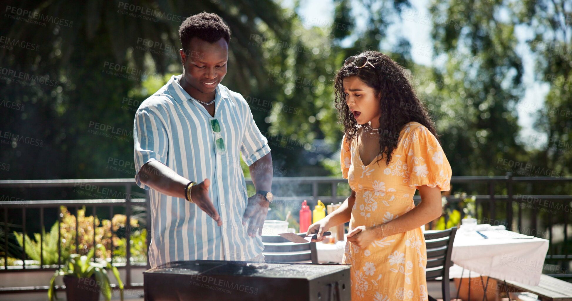 Buy stock photo Grill, people or burned food outdoor with stress, bbq fail or surprised with meat waste for reunion party. Man, woman host and shocked on terrace for barbecue problem or meal at new years celebration
