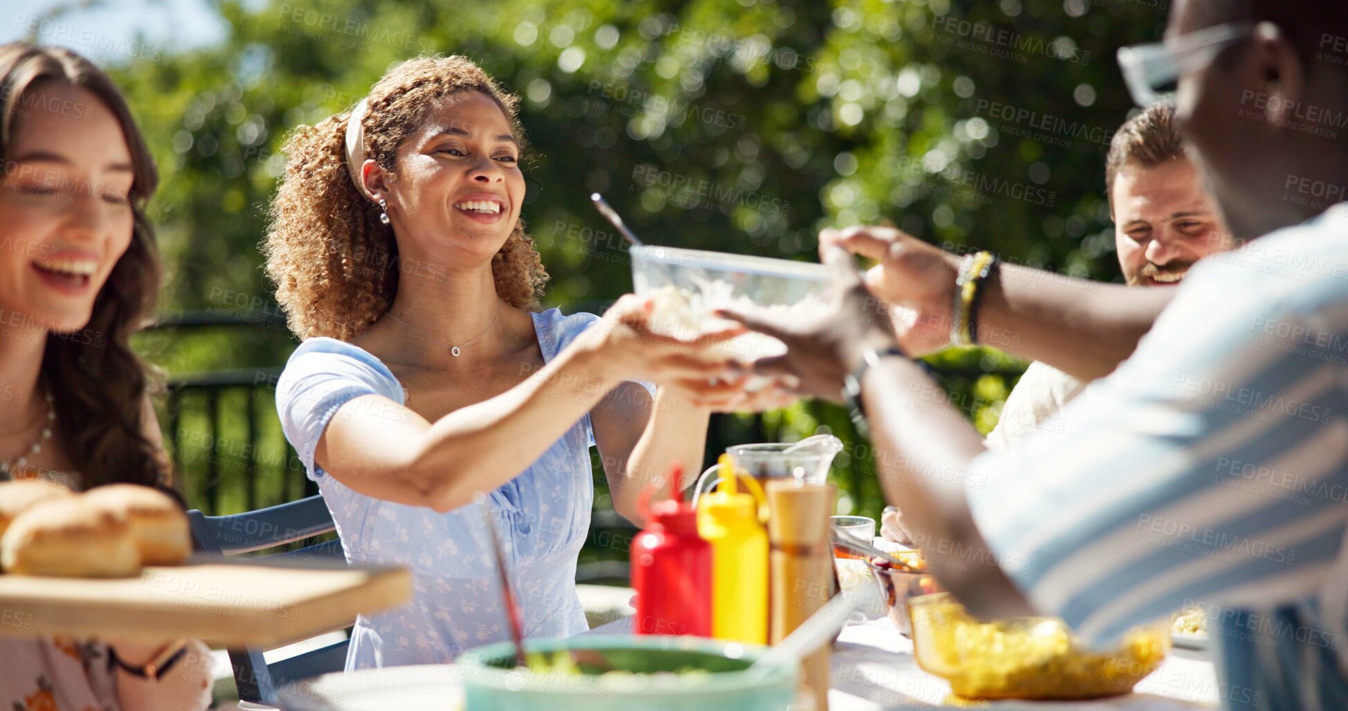 Buy stock photo Friends, party and serving lunch outdoor for new year celebration, sharing meal or bonding together. Terrace, people or happy with barbecue food at social event for festive reunion and holiday fun