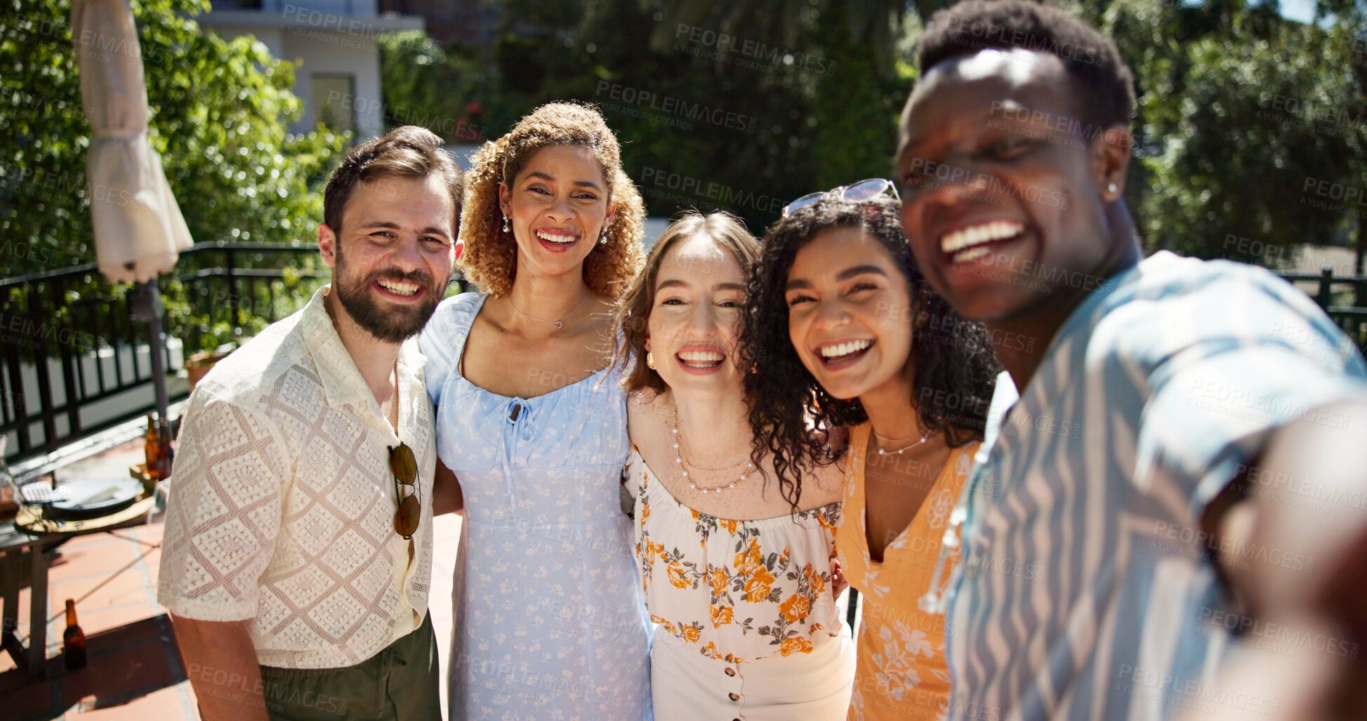 Buy stock photo People, selfie and outdoor with friends for party, reunion and bonding memories for social gathering. Smile, hug and new years event for holiday, birthday celebration and excited for summer vacation