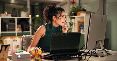 Buy stock photo Business woman, laptop and ideas with internet, creative agency and thinking for night brainstorming. Girl, brand consultant and multi screen computer with project, proposal and startup for office