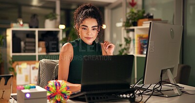 Buy stock photo Business woman, laptop and brainstorming with internet, creative agency and ideas for night thinking. Girl, brand consultant and multi screen computer with project, proposal and startup for office