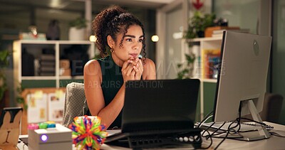Buy stock photo Business woman, laptop and thinking with internet, creative agency and ideas for night brainstorming. Girl, brand consultant and multi screen computer with project, proposal and startup for office