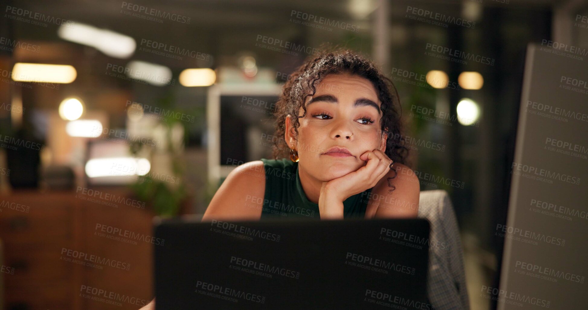 Buy stock photo Business person, laptop and bored in night office for homepage design, deadline and startup website glitch. Fatigue, technology and tired girl with late overtime strain, dont know and creative block