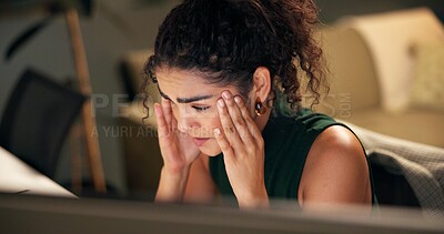 Buy stock photo Business woman, computer and headache with burnout, creative agency and frustrated for night brainstorming. Girl, brand consultant and internet 404 with project issue, proposal and startup for office