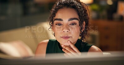 Buy stock photo Research, online and thinking with business woman in office for art director, media campaign and reading. Client feedback, idea and deadline with person in creative agency at night for editor