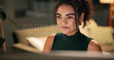 Buy stock photo Smile, online and computer with business woman in office for art director, viral media campaign and success. Feedback review, good news and deadline with person in creative agency at night for editor