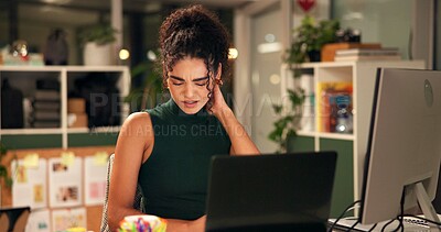 Buy stock photo Business woman, laptop and neck pain with overtime, creative agency and burnout for night brainstorming. Girl, brand consultant and multi screen computer with posture, issue and office muscle strain