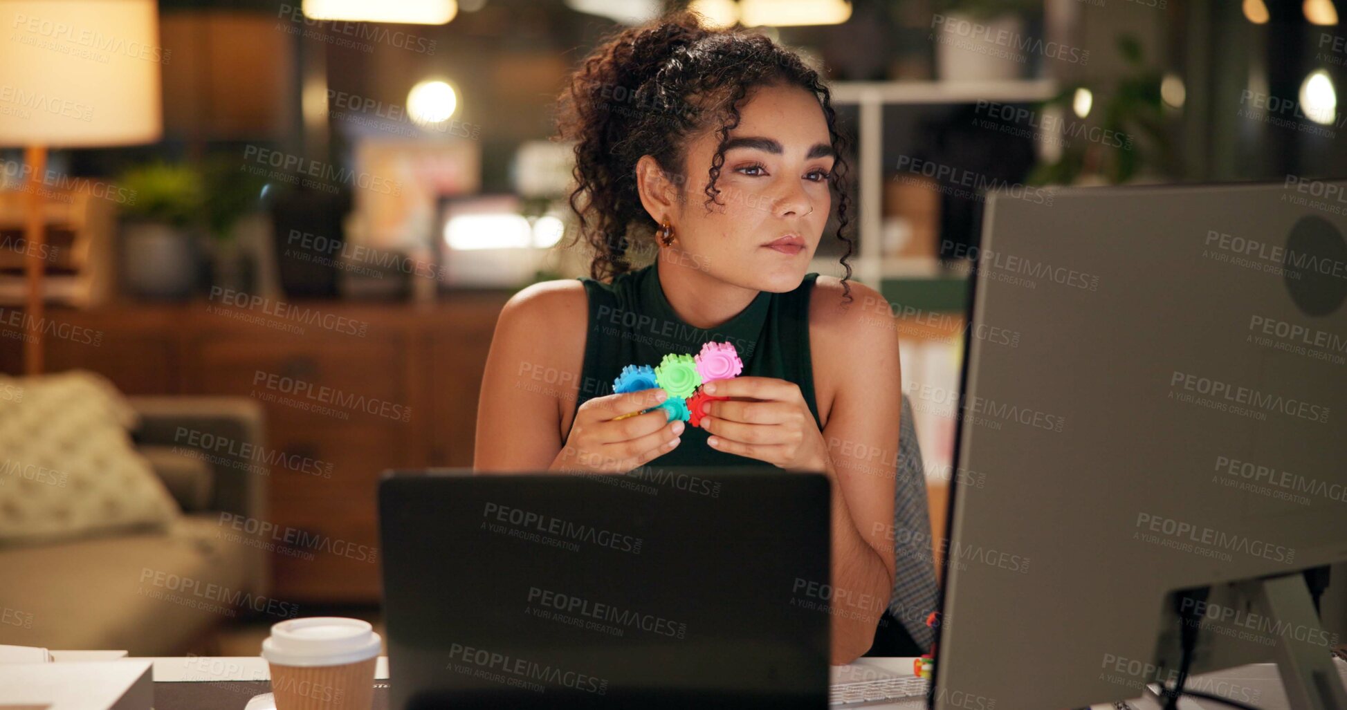 Buy stock photo Business woman, laptop and thinking with popit, creative agency and project ideas for night calming. Girl, brand consultant and multi screen computer with ADHD, soothing and fidget stimming in office