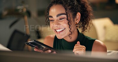 Buy stock photo Night, woman and smile in office with phone, contact and creative feedback. Designer, happy and mobile in digital agency with good news, deadline extension and positive review on company social media
