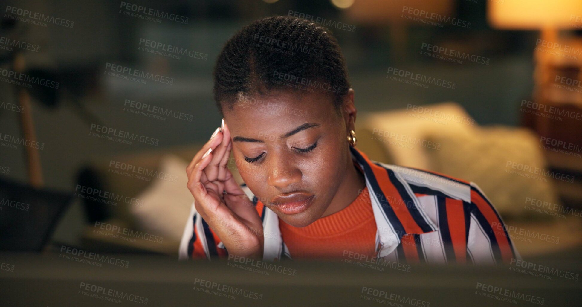 Buy stock photo Black woman, headache and night with stress for strain, overworked or pressure at office desk. African female person or designer working late with migraine for vertigo, anxiety or project deadline