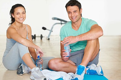 Buy stock photo Portrait, couple and fitness in the gym for workout while bonding and training together. Exercise, relationship and man with woman for sports on a yoga mat for active health and wellness 