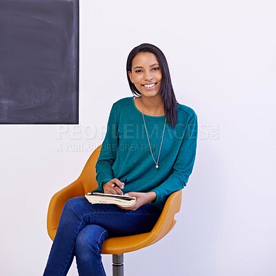 Buy stock photo Woman, designer and happy portrait in office with notebook for creative drawing and animation planning. Cartoonist, entrepreneur and face of person with book for illustration, strategy and smile