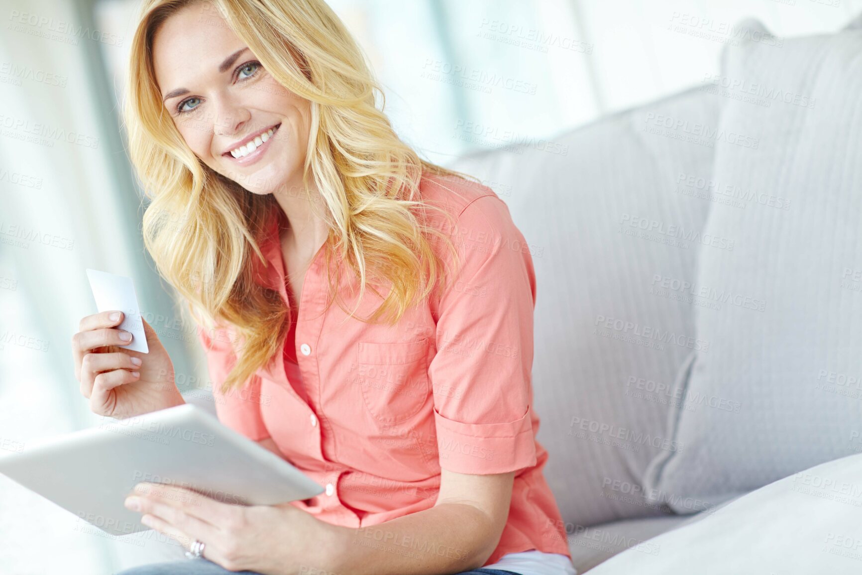 Buy stock photo Tablet, credit card and portrait of woman, ecommerce and happy with discount, sale and online shopping. Browsing, customer and joy of purchase of digital product, relax and mobile app in lounge of house