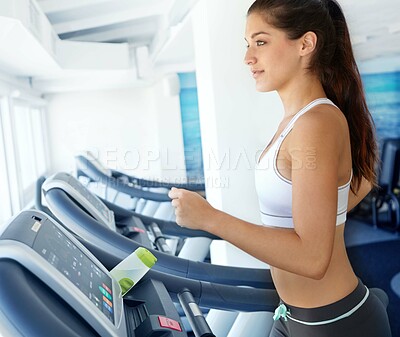 Buy stock photo Woman, training and running with treadmill for marathon, workout or cardio exercise in gym. Athlete, fitness or sports person with equipment for endurance, speed goals or wellness in health club