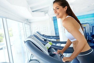 Buy stock photo Woman, workout and running with treadmill for marathon, exercise or cardio training in gym. Athlete, fitness or sports person with equipment for endurance, speed goals or wellness in health club