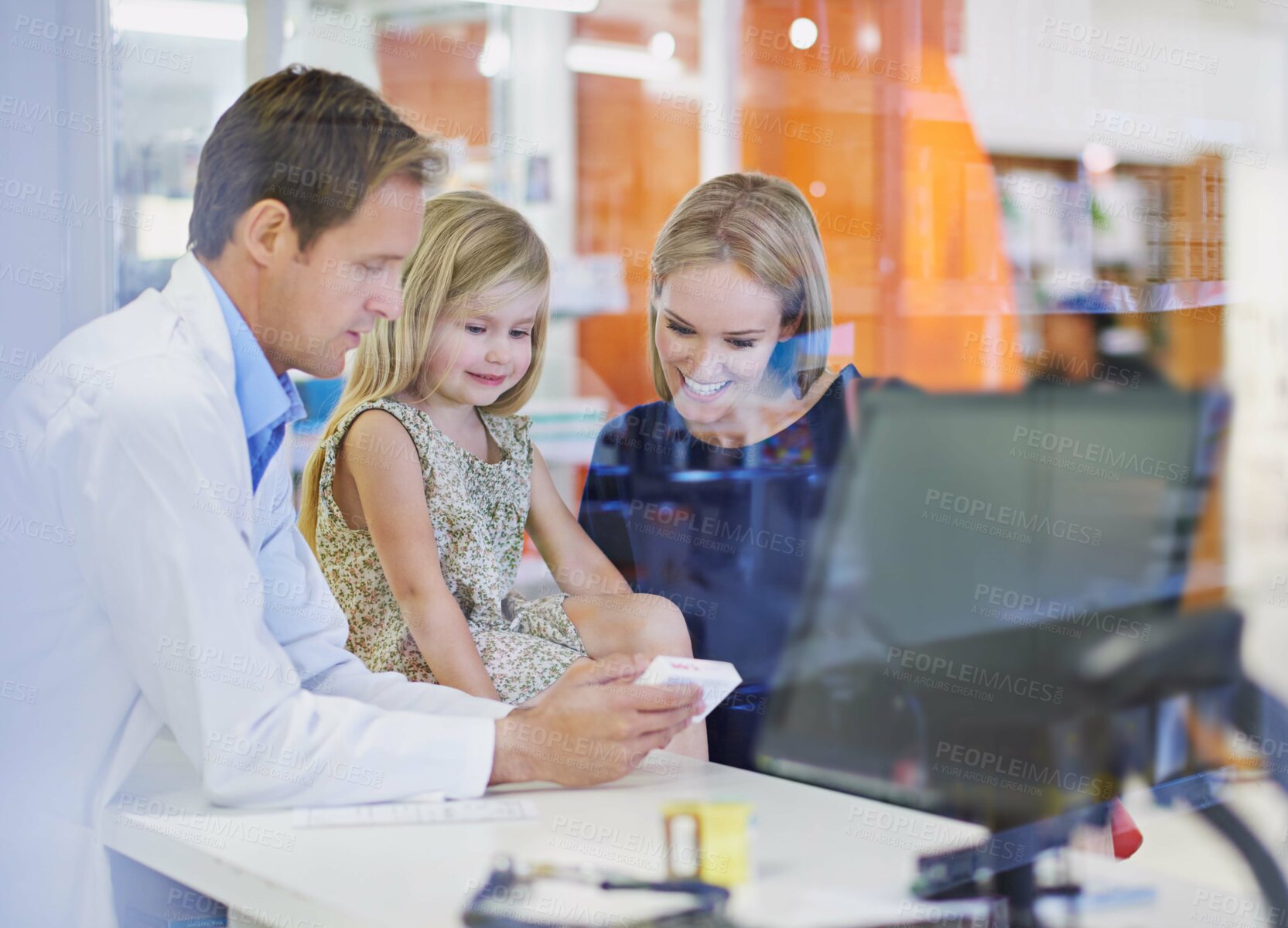 Buy stock photo Pharmacist, mom and child with medicine in store for healthcare, wellness and advice for people. Pills, mother and daughter with box, supplements or retail discount for pharmaceutical product at shop