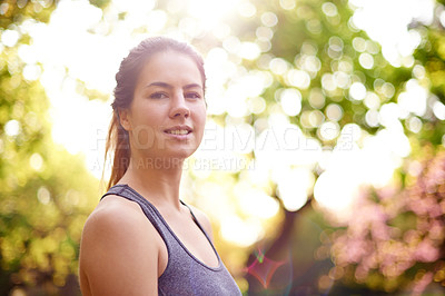 Buy stock photo Running, portrait and health with woman in road for marathon practice, workout and cardio. Wellness, exercise and sports training with person in nature for race, energy and athlete progress.