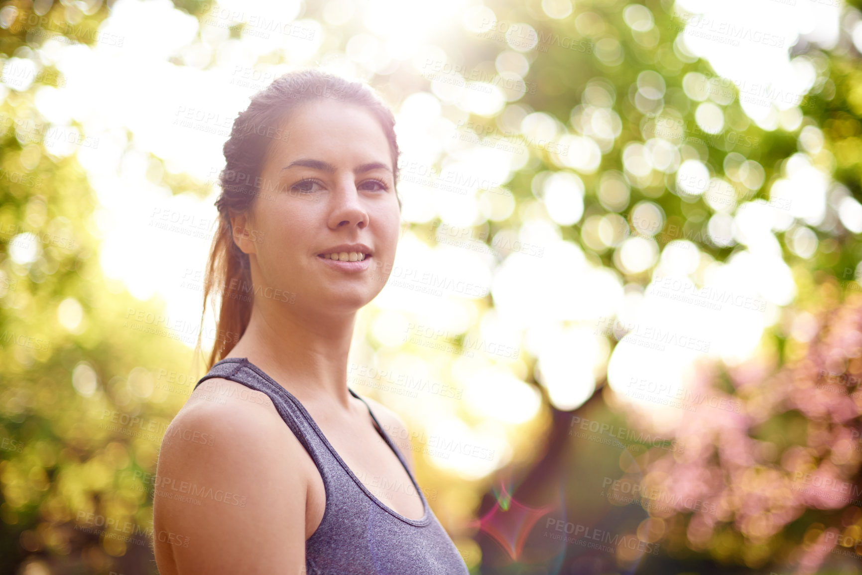 Buy stock photo Running, portrait and health with woman in road for marathon practice, workout and cardio. Wellness, exercise and sports training with person in nature for race, energy and athlete progress.