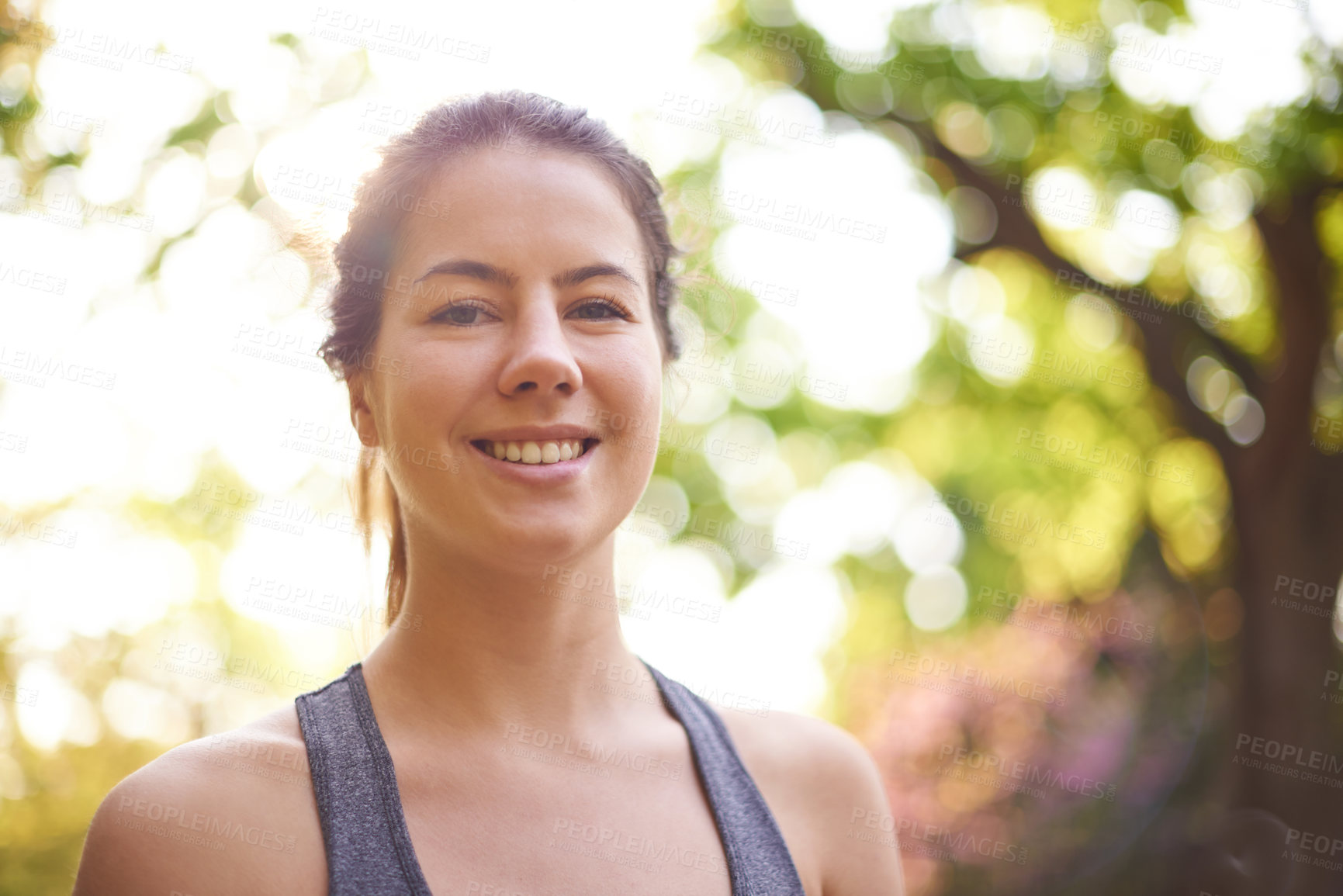 Buy stock photo Woman, portrait and outdoor for fitness in park, sports jog and runner in countryside. Cardio, athlete and female person for exercise in forest, morning workout and nature for marathon training