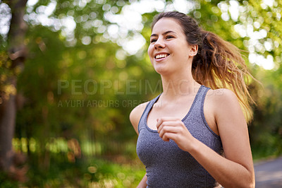 Buy stock photo Running, cardio and woman with training, wellness and nature with challenge, exercise and workout. Healthy person, outdoor and athlete with practice, energy and fitness with sports and happy runner