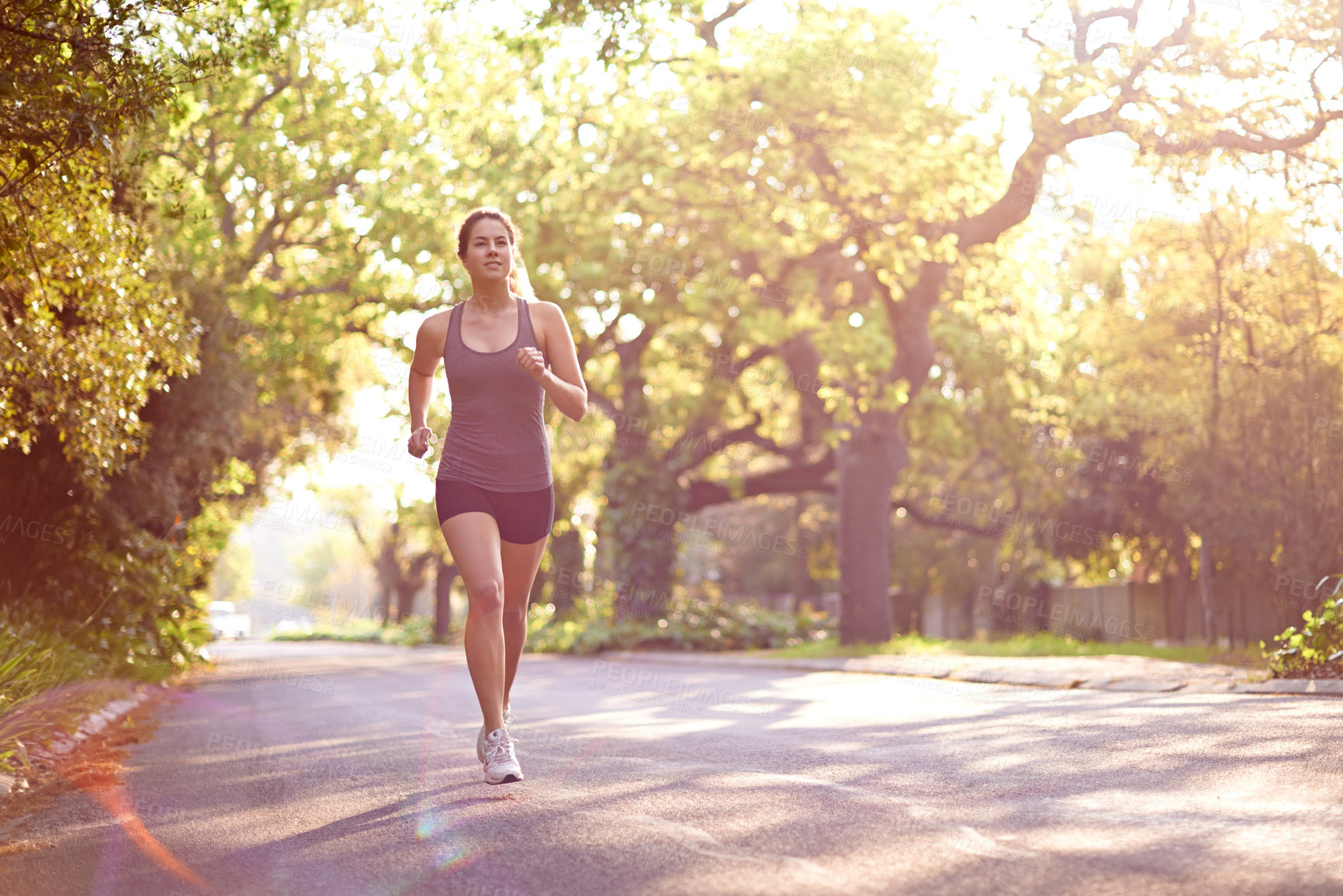 Buy stock photo Running, energy and woman with training, wellness and sports with challenge, cardio and marathon. Healthy person, runner or athlete with practice, endurance or workout with exercise and fitness