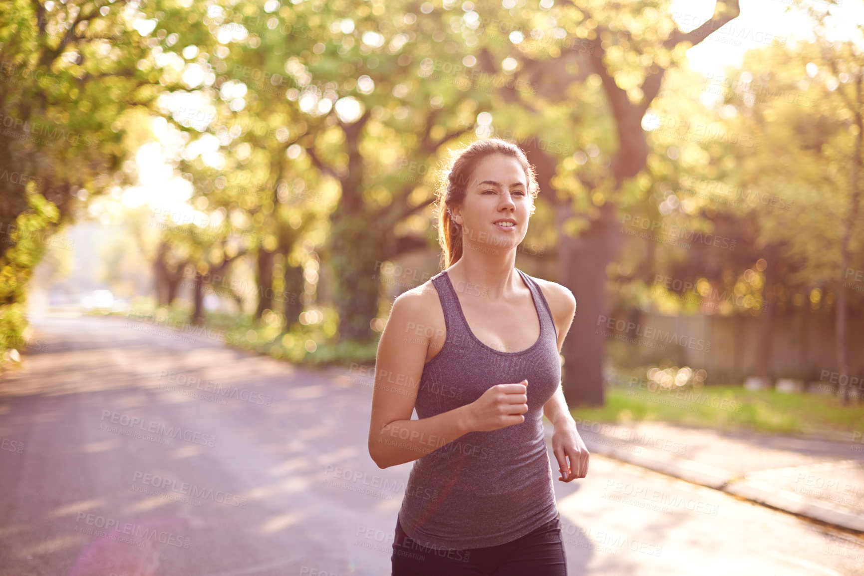 Buy stock photo Running, fitness and woman with exercise, health and nature with challenge, practice and endurance. Person, outdoor or athlete with cardio, energy or workout with sports, training or runner in street