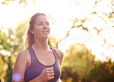 Buy stock photo Runner, energy and woman with training, wellness and nature with marathon, cardio and endurance. Healthy person, fitness or athlete with practice, challenge or workout with sports or running