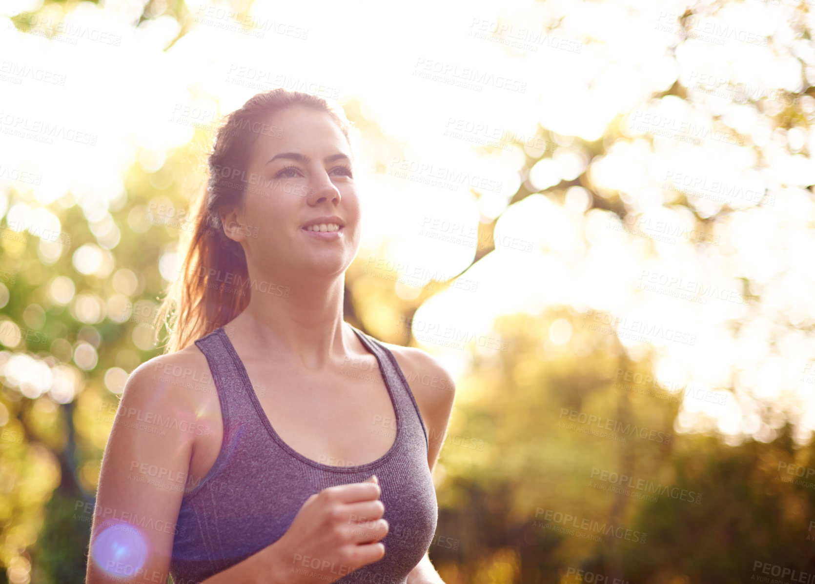 Buy stock photo Runner, energy and woman with training, wellness and nature with marathon, cardio and endurance. Healthy person, fitness or athlete with practice, challenge or workout with sports or running