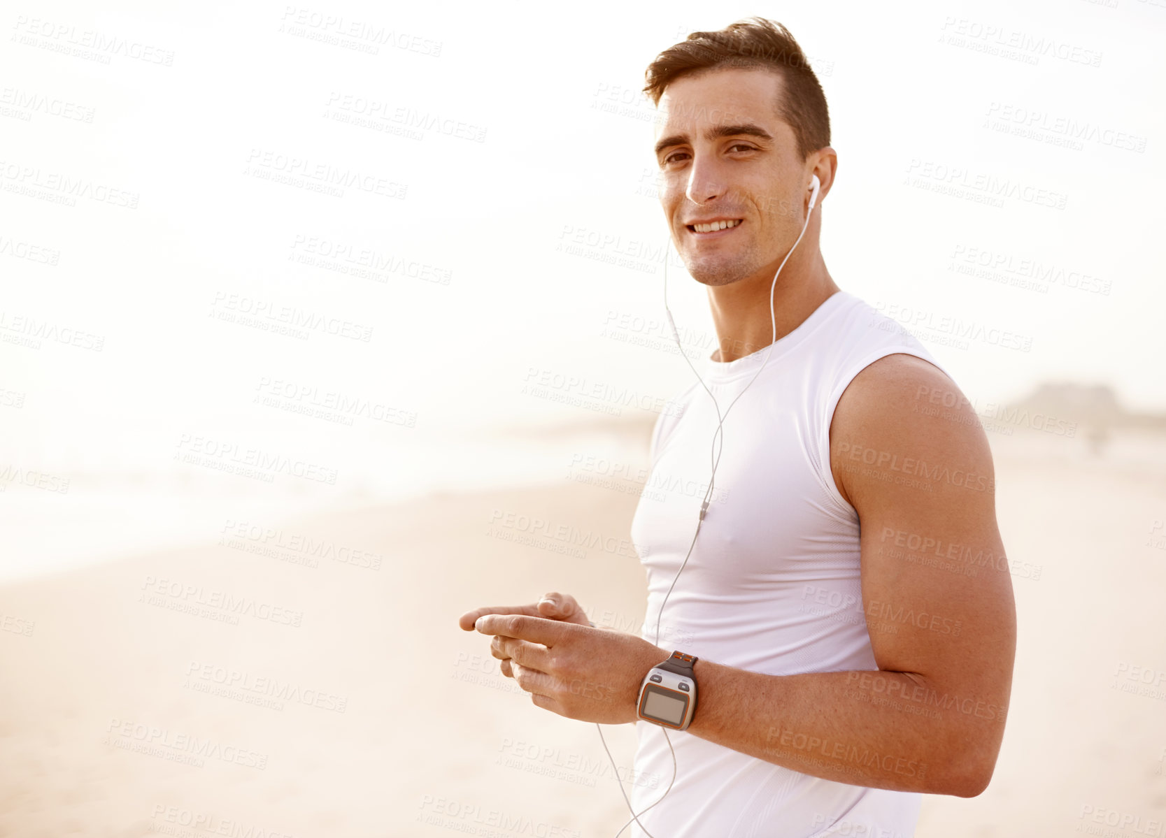Buy stock photo Earphones, fitness and portrait of man by beach listening to music, podcast or radio for run. Mockup space, sports and male athlete with audio tech for cardio workout, exercise or training playlist.